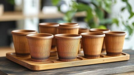 Wooden tray holds terracotta cups