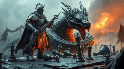 A towering medieval knight in silver-tarnished armor stands at the edge of a shattered chessboard, holding a massive broadsword. Across from him, a colossal dragon coils around fallen chess pieces, sm