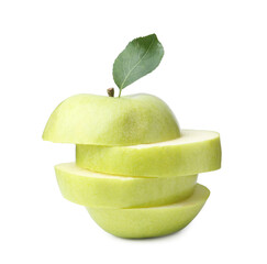 Stack of fresh apple slices with green leaf isolated on white