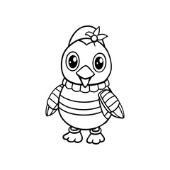 A cartoon chick with a flower on its head, wearing a necklace and bracelets, standing upright in a line drawing.