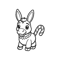 A cartoon donkey illustration in black and white, featuring a simplified design with a curly tail and decorative collar.