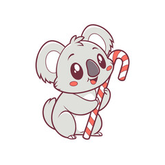 Cute cartoon koala holding a red and white striped candy cane, isolated on white background.