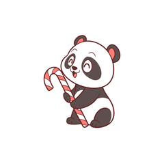 Cartoon panda holding a candy cane, sticking its tongue out with a happy expression.