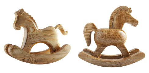 Vintage wooden rocking horse toys isolated on transparent PNG image perfect for nursery decor or childhood-themed designs