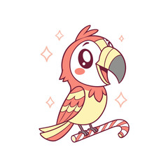 A cute cartoon parrot with pink and yellow plumage perched on a candy cane, surrounded by sparkling stars.