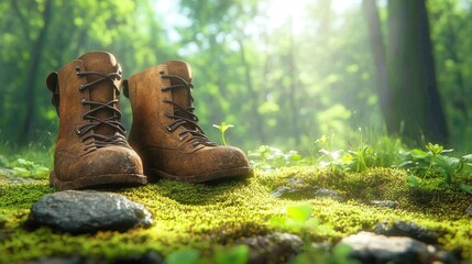 Worn hiking boots on mossy forest floor