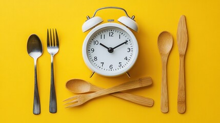 Yellow background with white alarm clock and wooden/metal cutlery