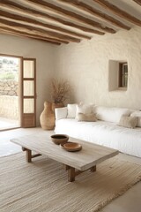 Light, airy room with natural wood beams and white furnishings