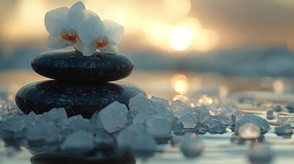 Zen stones, white orchids, sunset