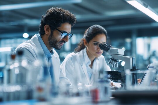 Two scientists are working in a lab, one of them is looking at a microscope