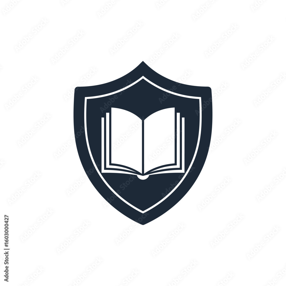 Poster open book inside a shield icon representing knowledge security and protection on a white background