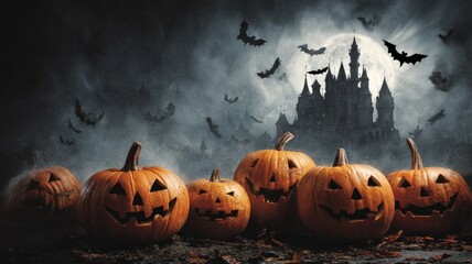 A group of pumpkins with scary faces are arranged in a row