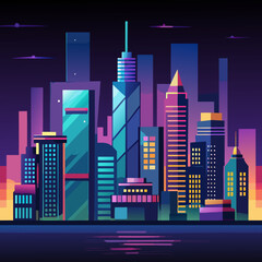 Obraz premium A vibrant stylized cityscape at night featuring colorful skyscrapers and a reflective body of water rendered in a modern geometric art style with a dark