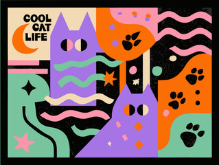 Colorful Memphis Style Vector Illustration Featuring Cool Cats, Paw Prints, and Abstract Shapes