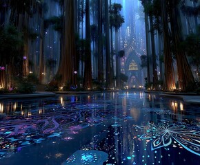 the scene presents a serene pond in a mystical forest, surrounded by tall, slender trees