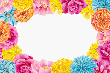 Roses, dahlias and marigolds hand drawn watercolor illustration isolated on white. Bright Colorful floral rectangular frame for design of holiday cards, invitations, wedding ceremony, birthday party