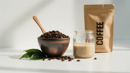 A rustic wooden bowl overflowing with roasted coffee beans a small glass bottle of milk and a coffee bag