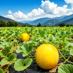 Large ripe melon on a sunlit field, AI-Generated