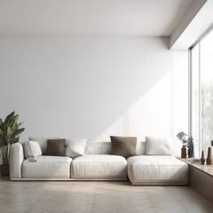 A white couch with brown pillows sits in front of a window