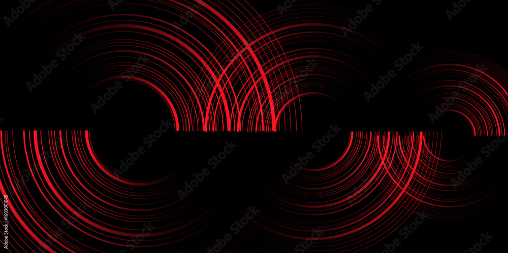 Poster red minimal circular abstract dynamic lines isolated on black background. future technology banner c