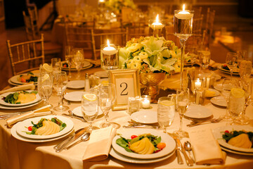 Elegant table setting with floral centerpiece and candlelight at a banquet in a luxurious venue