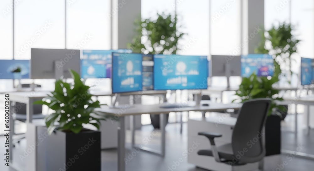 Poster blurred modern office interior with multiple computer screens displaying data. business workspace co