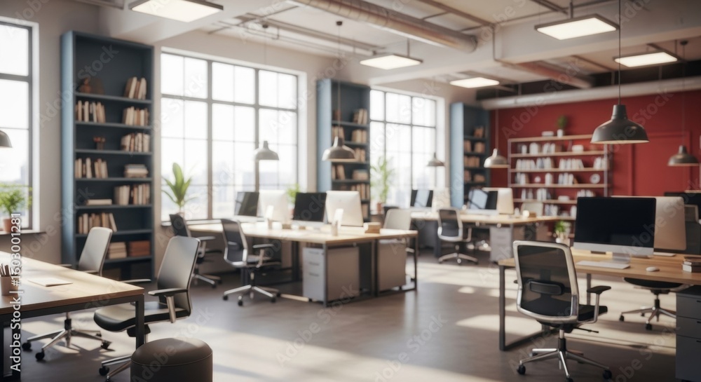 Poster blurred background of a modern open-plan office. empty workspace with desks and chairs. corporate en