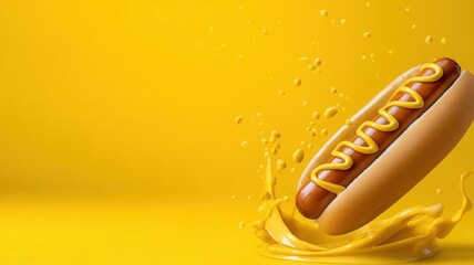Hot dog with mustard is diving into a splash of mustard on a vibrant yellow background, creating a dynamic and appetizing visual