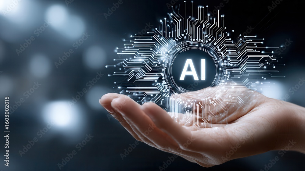 Poster hand demonstrating artificial intelligence icon, advancement machine learning and technological symb