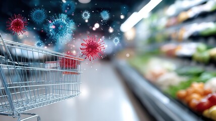 Viruses are entering a shopping cart of a supermarket, representing the risk a infection during in pandemic