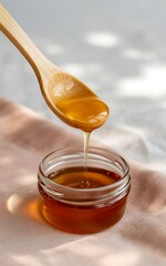 Golden honey dripping from a wooden spoon into a small glass bowl on a textured surface