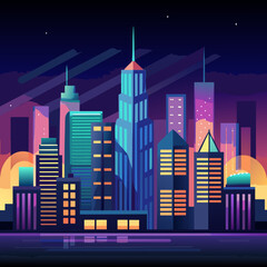 Vibrant Vector Cityscape at Night A stylized depiction of a modern city skyline with colorful buildings glowing windows and a dark sky with subtle stars