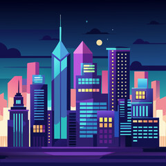 Fototapeta premium A vibrant and stylized illustration of a modern cityscape at night featuring illuminated skyscrapers a full moon and stars against a dark blue and teal