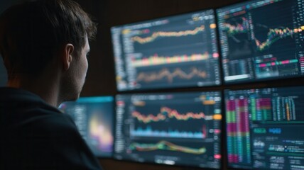 Stock trader working late at night, analyzing complex graphs and charts on multiple computer screens in a focused office environment