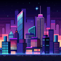 Vibrant Cityscape at Night An Illustration of a Modern Metropolis Bathed in Neon Hues Featuring Skyscrapers Stars and a Futuristic Aesthetic with a Retro Synthwave