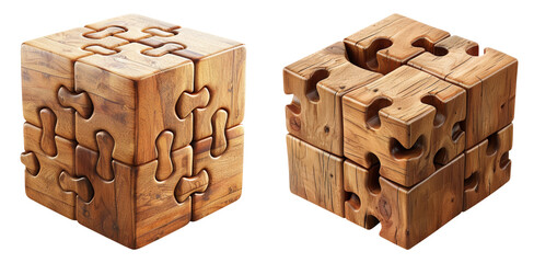 Wooden brain teaser puzzle cubes isolated on transparent PNG image perfect for educational content or problem-solving visuals