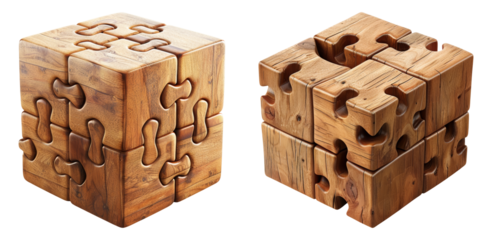 Wooden brain teaser puzzle cubes isolated on transparent PNG image perfect for educational content or problem-solving visuals