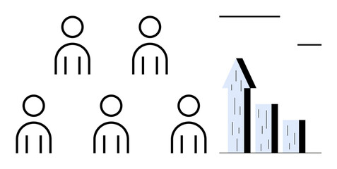 Five simple person icons alongside a rising bar graph arrow depict teamwork driving growth. Ideal for teamwork, leadership, goal setting, collaboration, performance analysis, productivity, simple