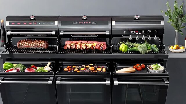 Discover an advanced cooking appliance for grilling, roasting, and baking, featuring tasty dishes and fresh ingredients