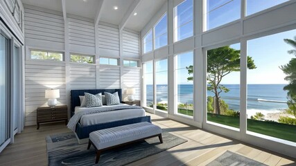 Relax in a beautifully designed bedroom showcasing large windows that bring the calming ocean views inside, creating a peaceful retreat