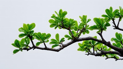 Lush Green Leaves on a Tree Branch Against a Soft White Sky A Vibrant Display of Natural Beauty