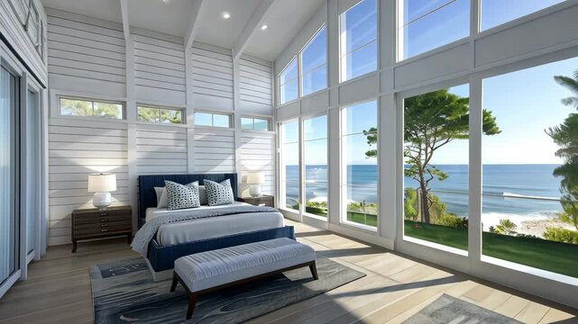 Relax in a beautifully designed bedroom showcasing large windows that bring the calming ocean views inside, creating a peaceful retreat