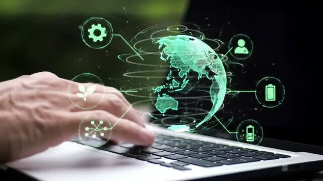 Green Technology Man Typing on Laptop with Earth and Sustainability Icons Overlay 170 char