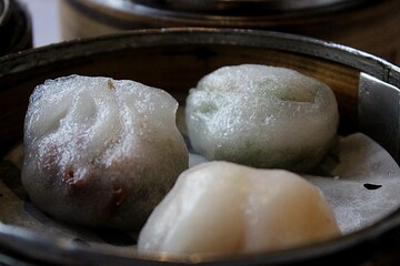 Assorted Har Gow and Chive Dumplings in Bamboo Steamer – Crystal Shrimp Dim Sum