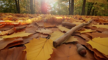 Golden autumn forest path covered in fallen leaves with sunlight streaming through trees