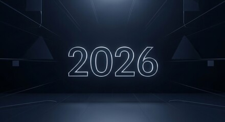 Futuristic 2026 text glowing with neon lights on a dark, modern stage background. Concept of new year, technology, and future events.