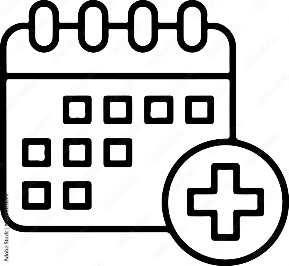 Poster calendar with plus sign icon representing scheduling appointments and adding events