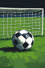 A close-up view of a soccer ball resting on the grass near a goalpost during a match