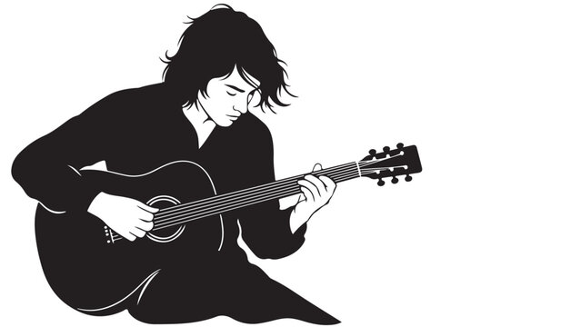 Black and white illustration of a musician playing an acoustic guitar