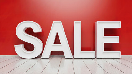 Bold white 'SALE' lettering dramatically displayed against a vibrant red backdrop with clean white flooring